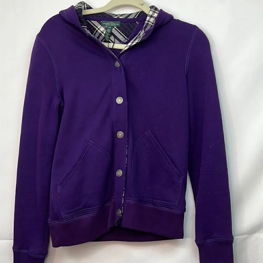 Lauren Ralph Lauren purple Snap front hoodie with plaid accents size XS NWOT